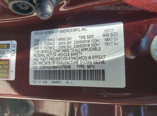 5J6RW2H89HL078096 2017 HONDA CR-V Maroon VIN კოდის სტიკერის ხედი