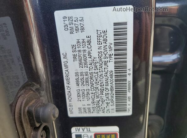 5J6RW2H89KA004809 2019 HONDA CR-V Gray Vista de la etiqueta del VIN