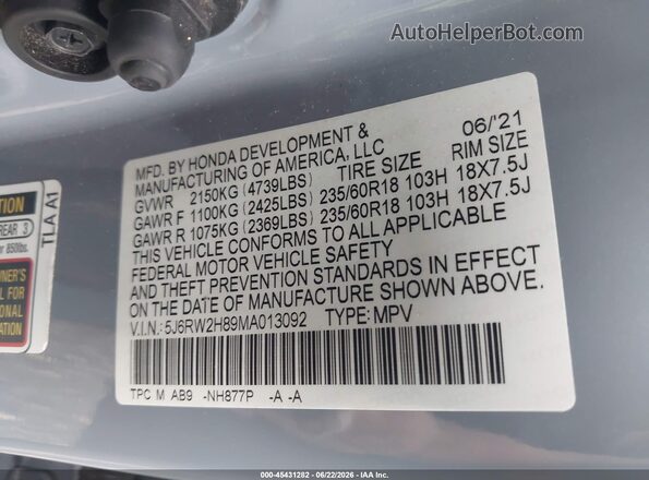 5J6RW2H89MA013092 2021 HONDA CR-V Синий Вид подкапотного пространства