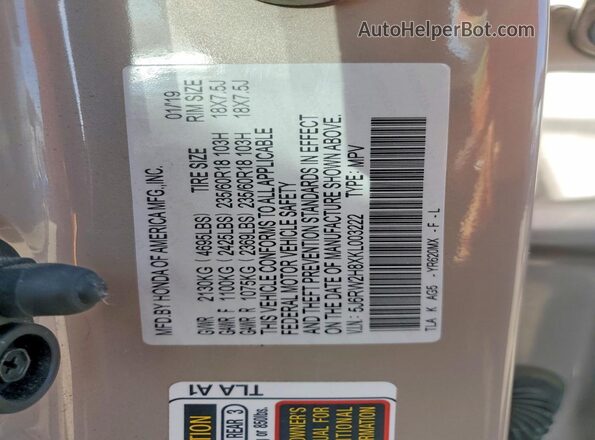 5J6RW2H8XKL003222 2019 HONDA CR-V Beige Вид наклейки з VIN-кодом