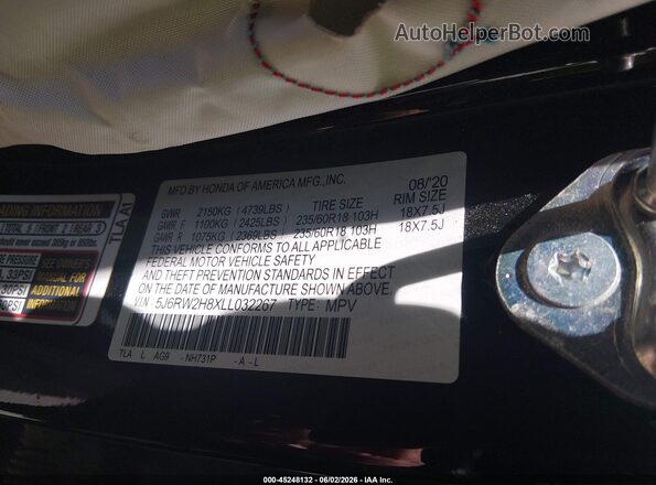 5J6RW2H8XLL032267 2020 HONDA CR-V Black Vista del compartimento del motor