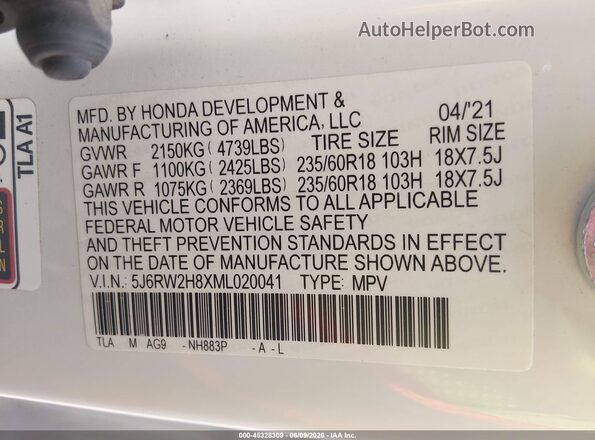 5J6RW2H8XML020041 2021 HONDA CR-V White Вид підкапотного простору