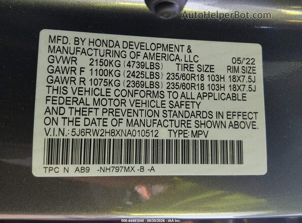 5J6RW2H8XNA010512 2022 HONDA CR-V Серый Вид подкапотного пространства
