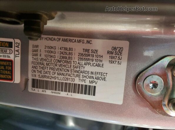 5J6RW2H91LL028133 2020 HONDA CR-V Silver Вид підкапотного простору