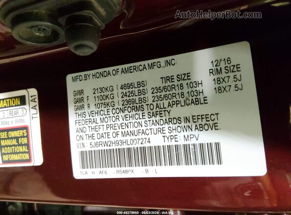 5J6RW2H93HL007274 2017 HONDA CR-V Red 