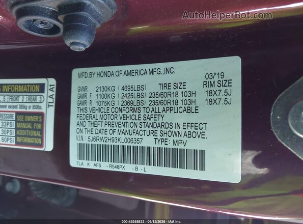 5J6RW2H93KL006357 2019 HONDA CR-V Бордовый Вид подкапотного пространства