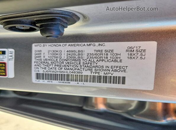 5J6RW2H95HL048389 2017 HONDA CR-V Silver VIN sticker view