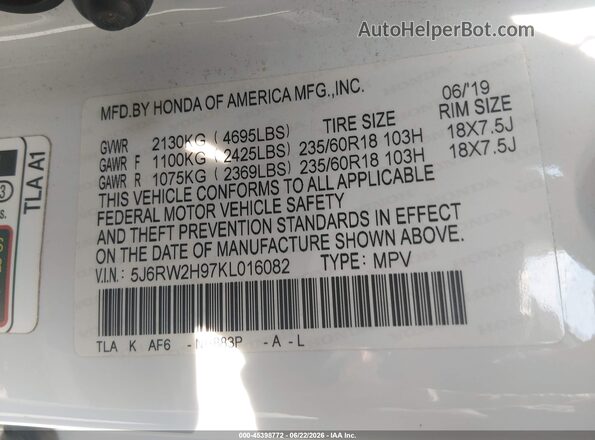 5J6RW2H97KL016082 2019 HONDA CR-V White Widok komory silnika