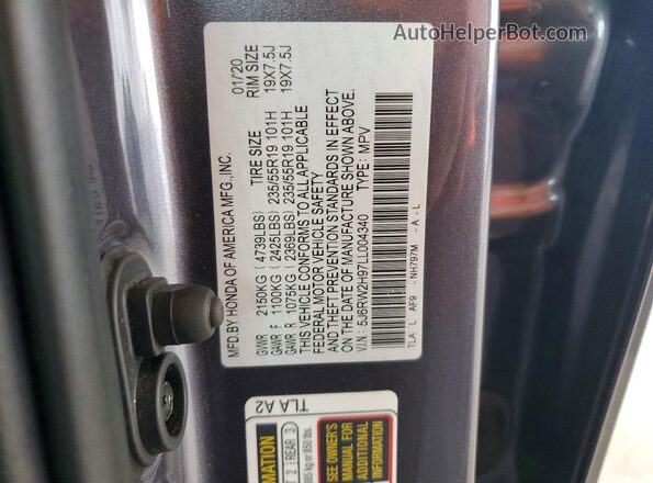 5J6RW2H97LL004340 2020 HONDA CR-V Gray Vista de la etiqueta del VIN