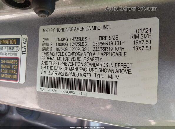 5J6RW2H98ML010973 2021 HONDA CR-V Silver Շարժիչի բաժամունքի տեսք
