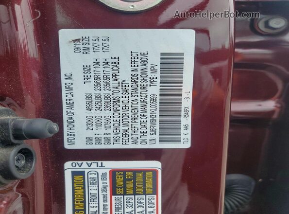 5J6RW6H31KL005999 2019 HONDA CR-V Maroon Widok naklejki z numerem VIN