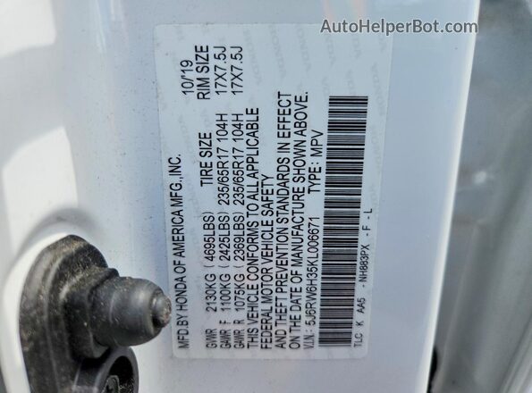 5J6RW6H35KL006671 2019 HONDA CR-V Белый Панорамный вид салона 360°