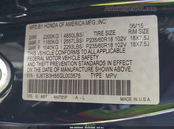 5J8TB3H55GL003575 2016 ACURA RDX Black Vista del compartimento del motor