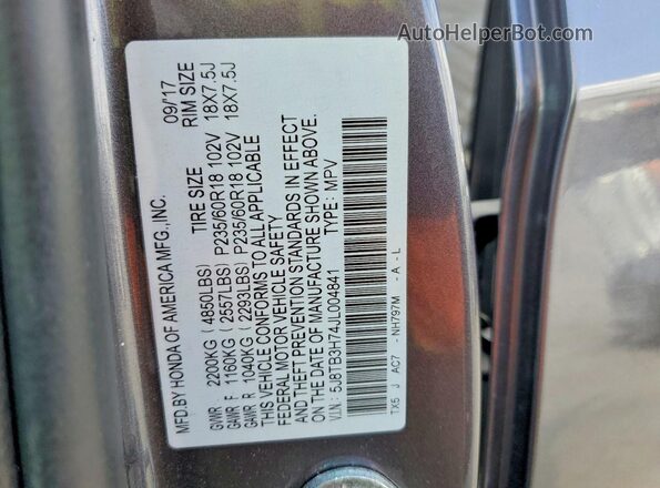 5J8TB3H74JL004841 2018 ACURA RDX Серый Панорамный вид салона 360°