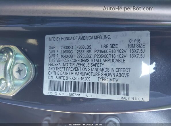 5J8TB3H7XGL016209 2016 ACURA RDX Gray Вид підкапотного простору
