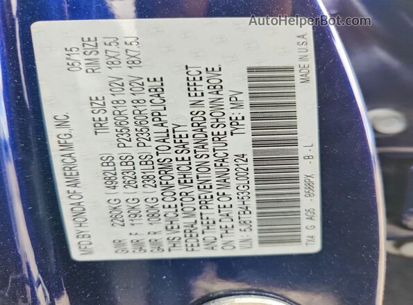 5J8TB4H53GL002124 2016 ACURA RDX Blue VIN კოდის სტიკერის ხედი