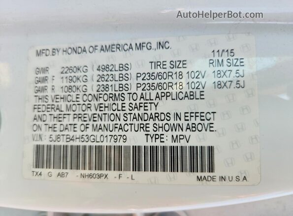 5J8TB4H53GL017979 2016 ACURA RDX White VIN კოდის სტიკერის ხედი