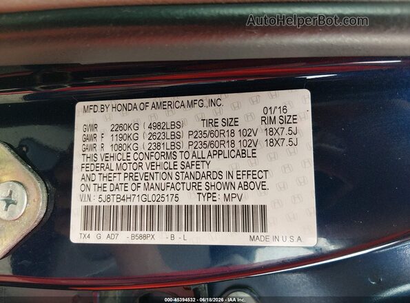 5J8TB4H71GL025175 2016 ACURA RDX Blue Vista del compartimento del motor