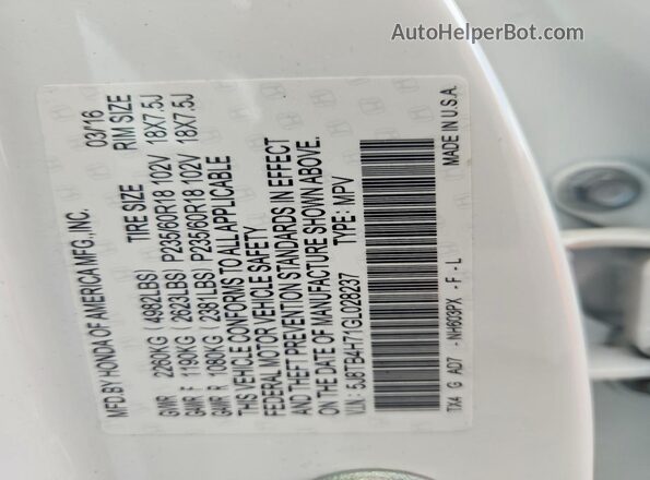 5J8TB4H71GL028237 2016 ACURA RDX White 