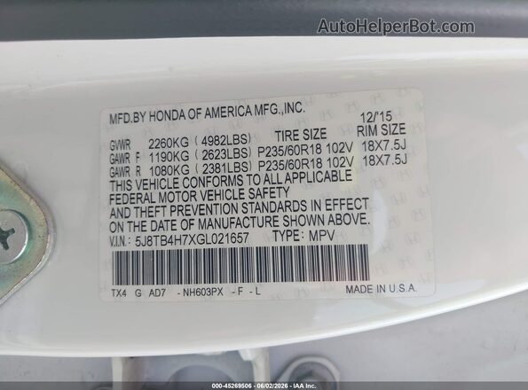 5J8TB4H7XGL021657 2016 ACURA RDX White Engine compartment view