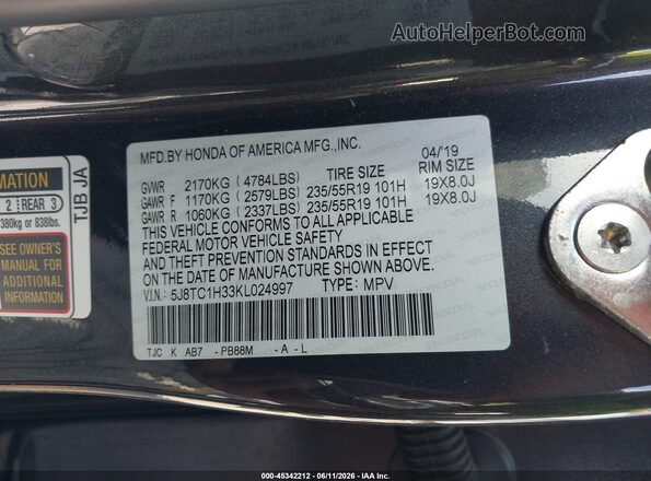 5J8TC1H33KL024997 2019 ACURA RDX Black Вид підкапотного простору