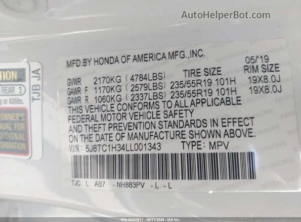 5J8TC1H34LL001343 2020 ACURA RDX White ძრავის განყოფილების ხედი