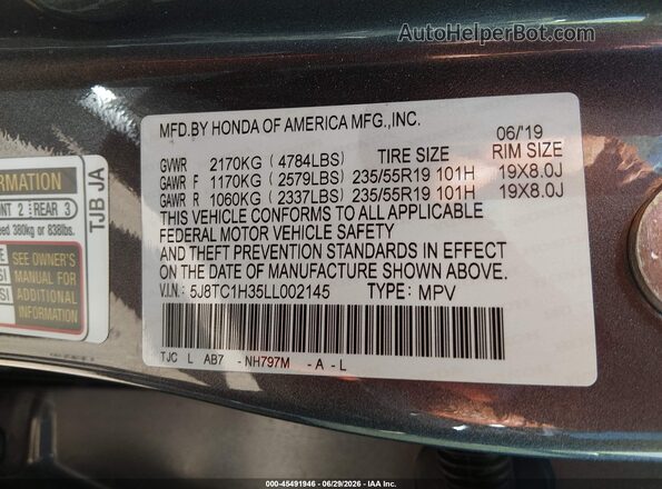 5J8TC1H35LL002145 2020 ACURA RDX Gray ძრავის განყოფილების ხედი