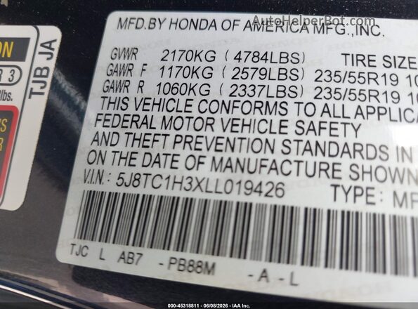 5J8TC1H3XLL019426 2020 ACURA RDX Black Вид підкапотного простору