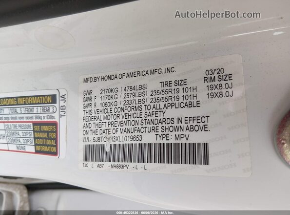 5J8TC1H3XLL019653 2020 ACURA RDX White Widok komory silnika