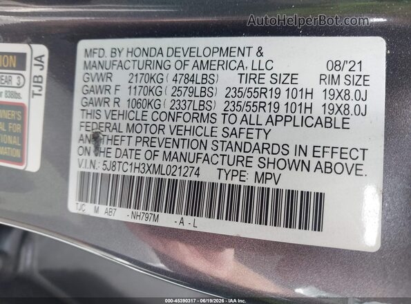 5J8TC1H3XML021274 2021 ACURA RDX Gray Շարժիչի բաժամունքի տեսք