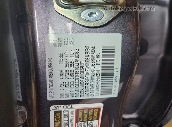 5J8TC1H52KL005701 2019 ACURA RDX Gray Widok naklejki z numerem VIN