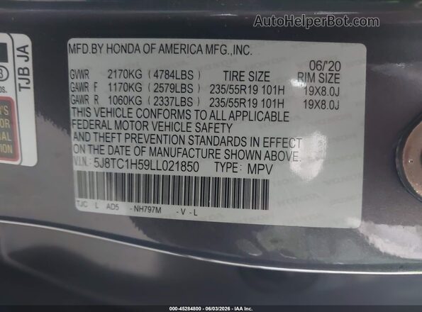 5J8TC1H59LL021850 2020 ACURA RDX Gray ძრავის განყოფილების ხედი
