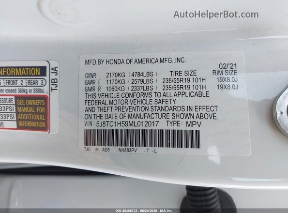 5J8TC1H59ML012017 2021 ACURA RDX White Engine compartment view