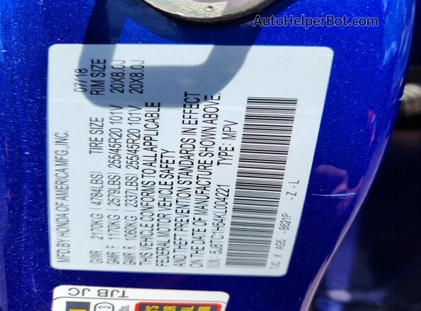 5J8TC1H64KL004221 2019 ACURA RDX Blue Widok naklejki z numerem VIN