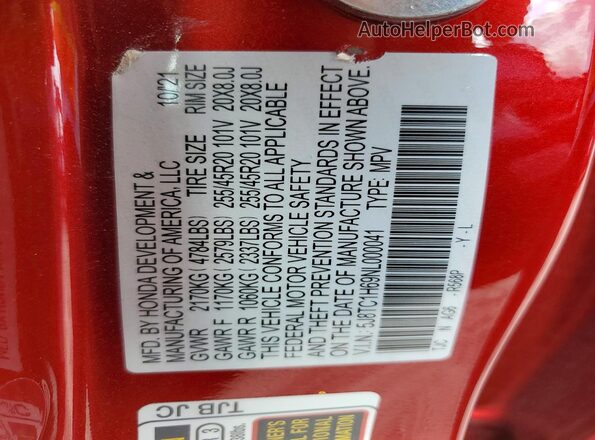 5J8TC1H69NL000041 2022 ACURA RDX Red Вид наклейки з VIN-кодом
