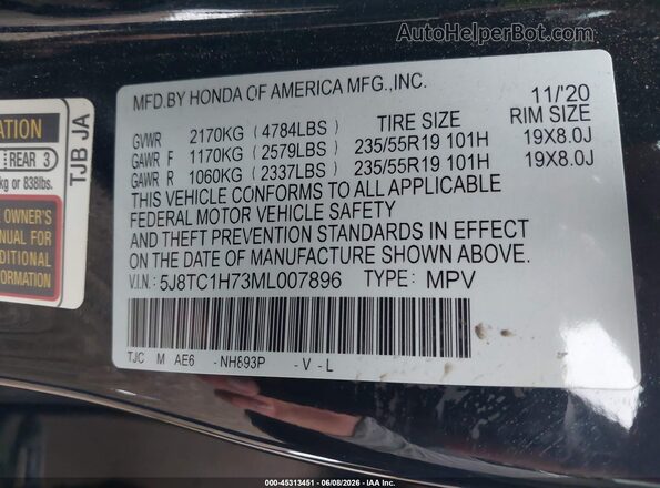 5J8TC1H73ML007896 2021 ACURA RDX Black Vista del compartimento del motor