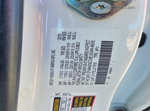 5J8TC1H76LL017918 2020 ACURA RDX White Vista de la etiqueta del VIN