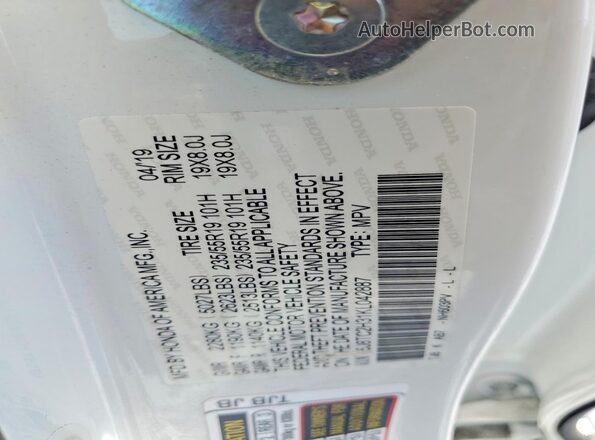 5J8TC2H31KL042887 2019 ACURA RDX White Вид наклейки з VIN-кодом