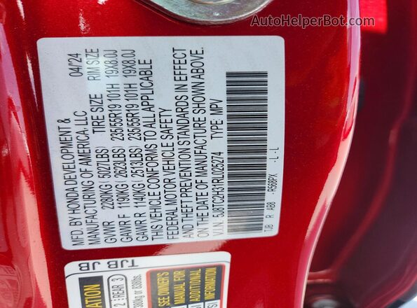 5J8TC2H31RL025274 2024 ACURA RDX Red Widok naklejki z numerem VIN