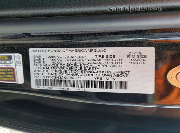 5J8TC2H32KL042719 2019 ACURA RDX Black VIN sticker view