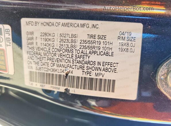 5J8TC2H36KL043114 2019 ACURA RDX Purple Vista de la etiqueta del VIN