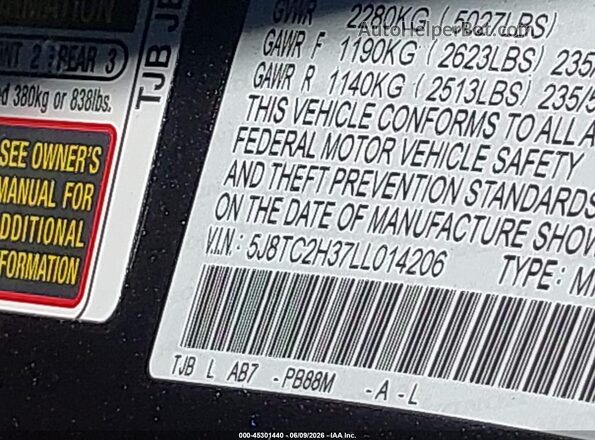 5J8TC2H37LL014206 2020 ACURA RDX Gray Vista del compartimento del motor