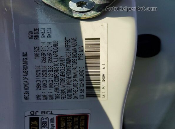 5J8TC2H37LL030213 2020 ACURA RDX White Вид наклейки з VIN-кодом