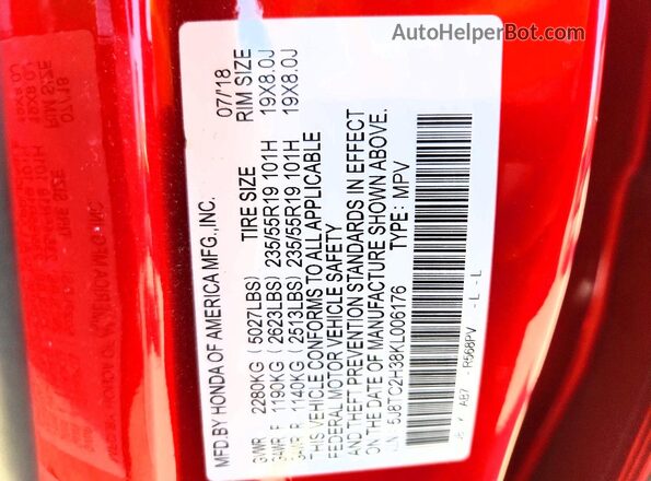 5J8TC2H38KL006176 2019 ACURA RDX Red Widok naklejki z numerem VIN