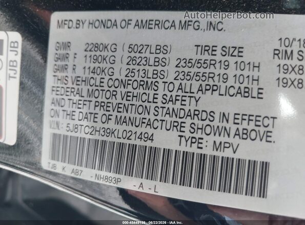 5J8TC2H39KL021494 2019 ACURA RDX Black Widok komory silnika