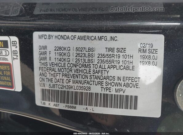 5J8TC2H39KL035928 2019 ACURA RDX Light Blue Vista del compartimento del motor