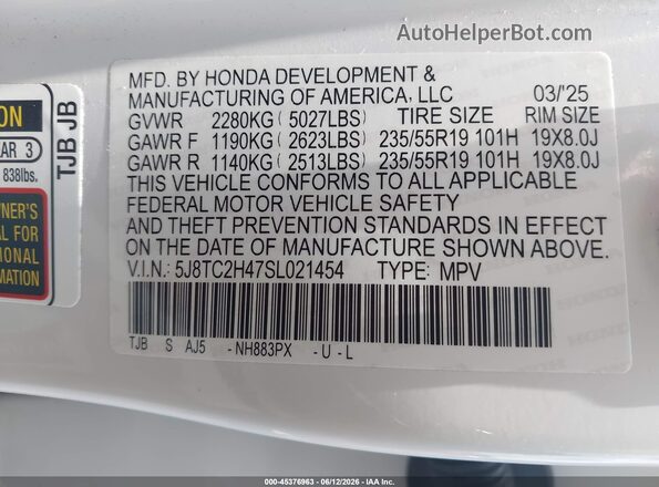 5J8TC2H47SL021454 2025 ACURA RDX White Vista del compartimento del motor