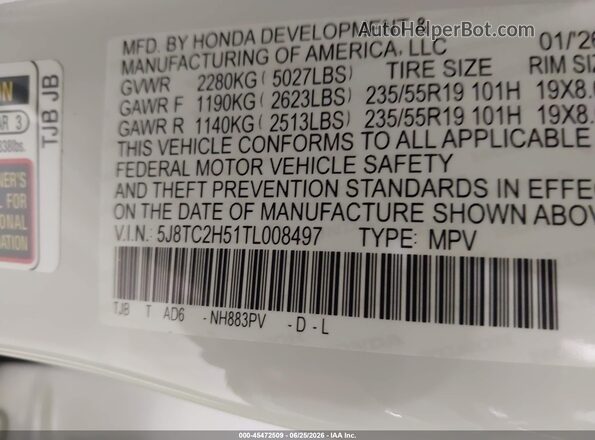 5J8TC2H51TL008497 2026 ACURA RDX White Շարժիչի բաժամունքի տեսք