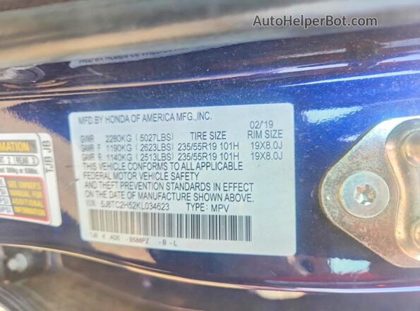 5J8TC2H52KL034623 2019 ACURA RDX Blue 