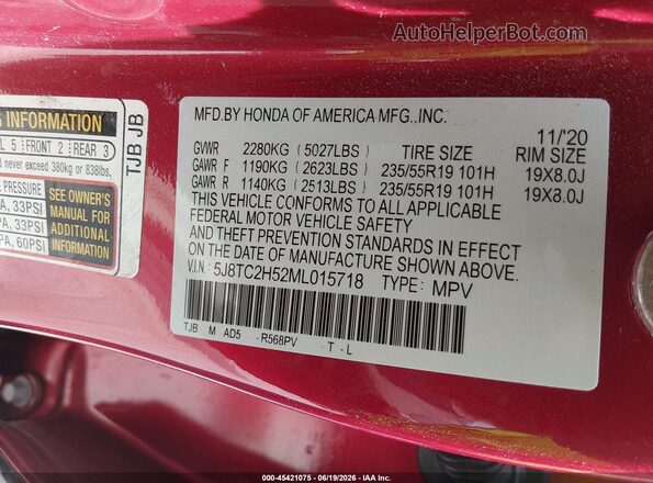 5J8TC2H52ML015718 2021 ACURA RDX Red ძრავის განყოფილების ხედი